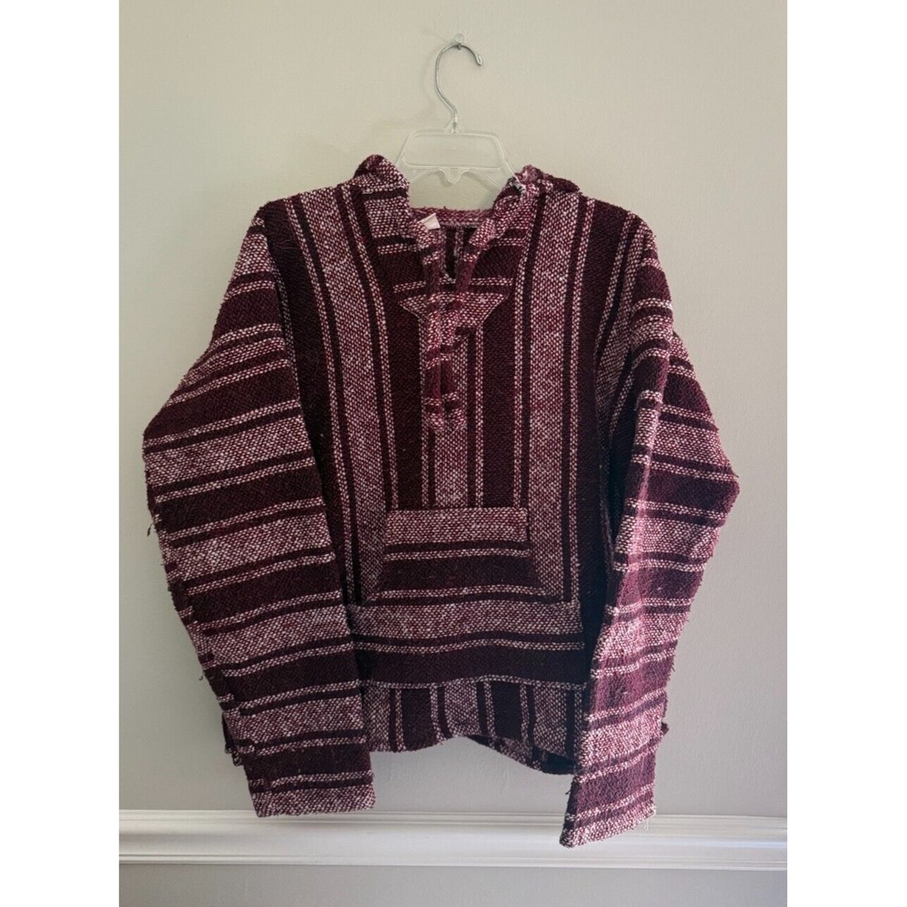 Artesanias Hoodie Mens Large Deep Red Striped Pullover Hooded Drug Rug Sweater